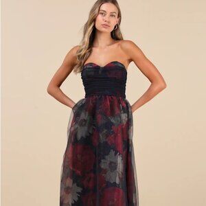 Splendidly Yours Navy Floral Organza Mesh Strapless Midi Dress